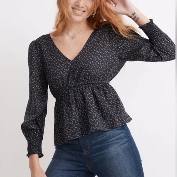 Madewell, New, Tie Back Navy Floral Peplum Campden Daisies Shirt, Size Large - Picture 1 of 15